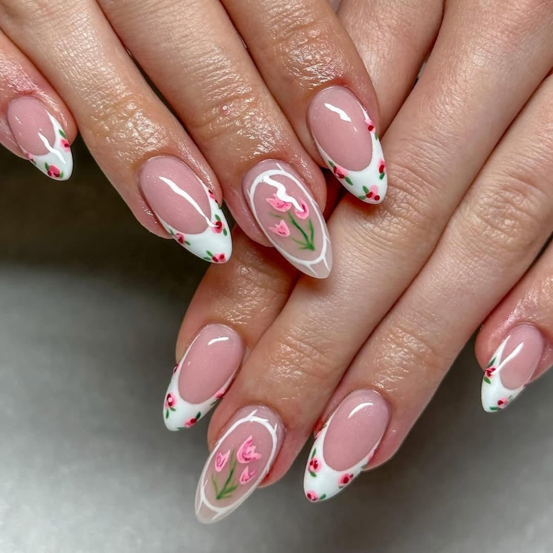 Artful Nail Extensions with Floral Design Bowlift