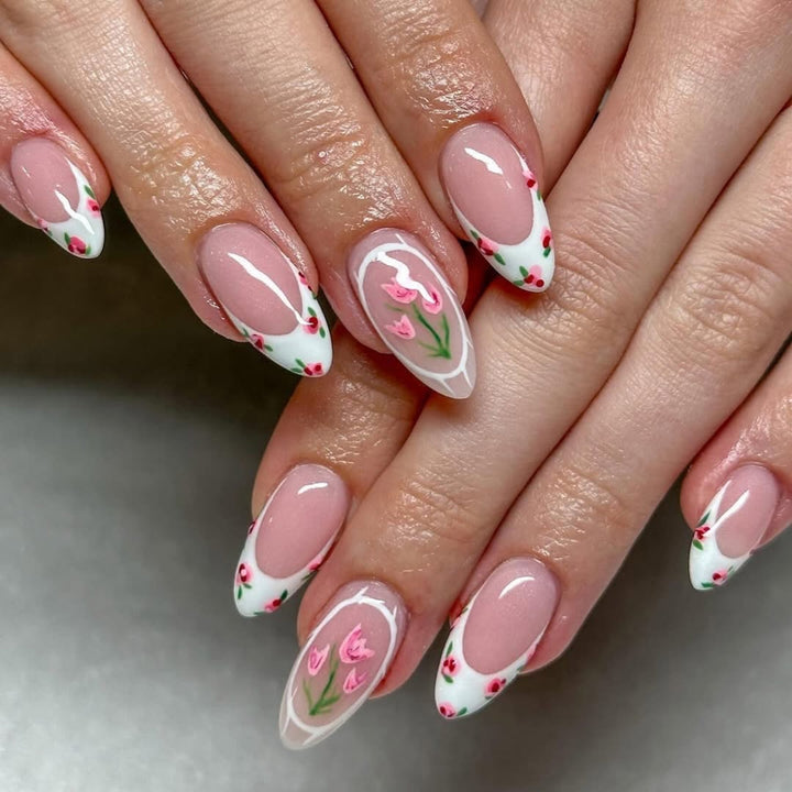 Artful Nail Extensions with Floral Design Bowlift