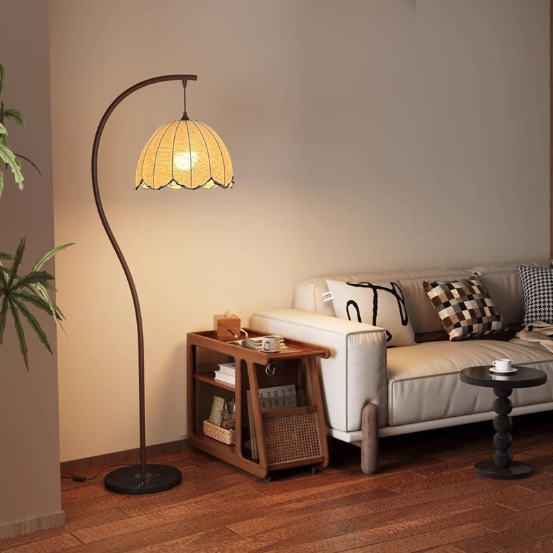 Arc Curved Floor Lamp with Woven Petal Shade Ambient Lighting Bowlift
