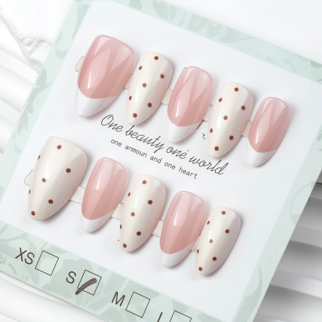 Elegant Press-On Nail Set with Polka Dot and French Tip Design Bowlift