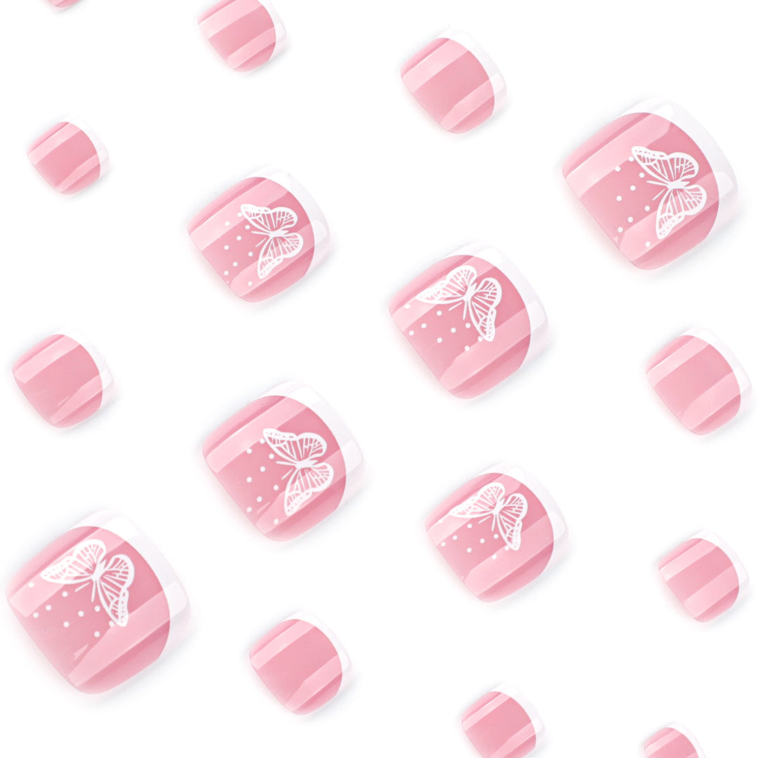Artful toenail design with elegant butterfly motifs and French design Bowlift