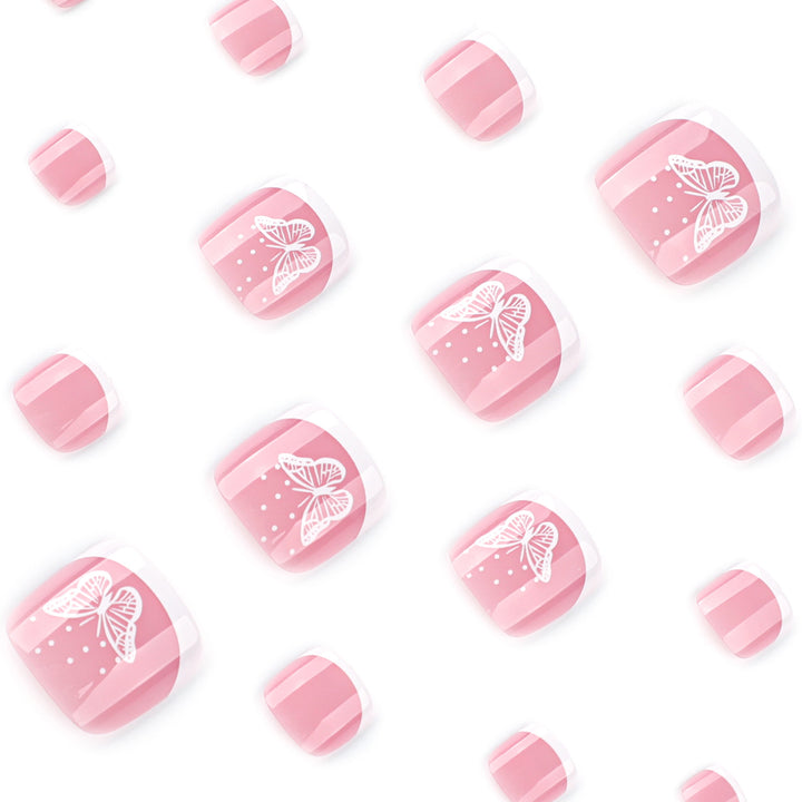 Artful toenail design with elegant butterfly motifs and French design Bowlift