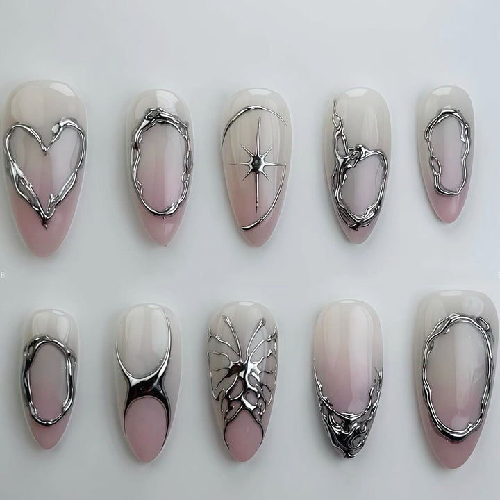 Elegant Artistic Stiletto Press-On Nails with Silver Accents Bowlift