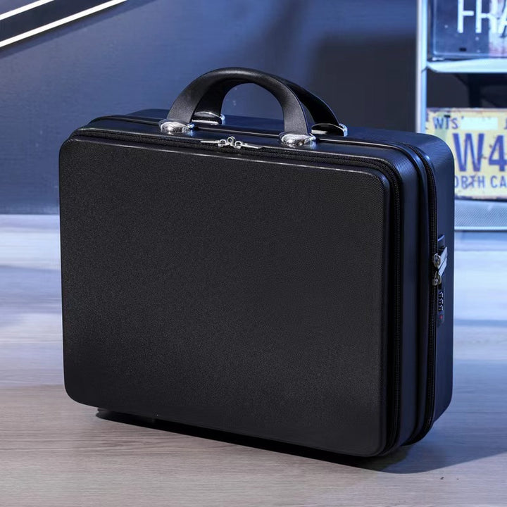 compact hard-shell travel vanity makeup case with TSA combination lock and dual-zip compartments Bowlift