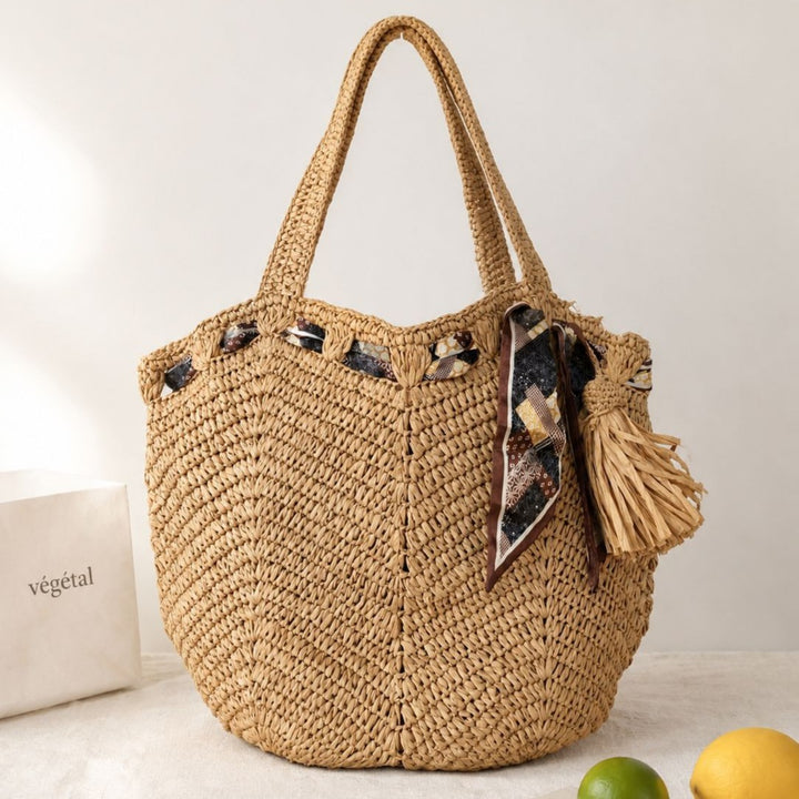 Handmade beach bag with playful pleat and tassels Bowlift