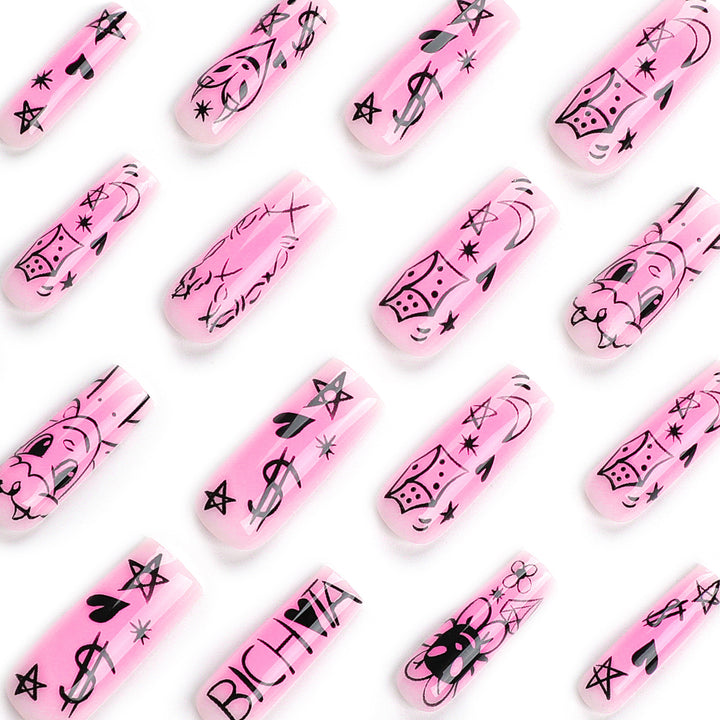 Artificial nail set with playful cartoon motif and shimmering accents Bowlift