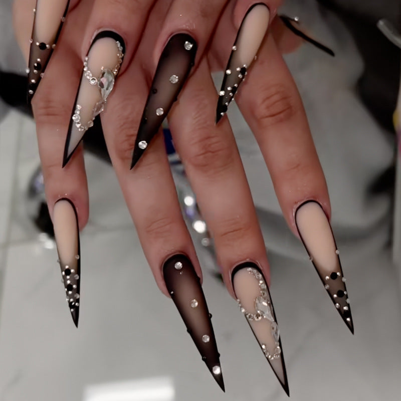 Stiletto Press-On Nail Art Set with Elegant Rhinestone Embellishments Bowlift
