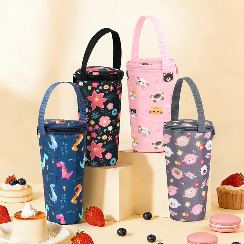 Insulated Thermal Bottle Carrier with Top Handle and Playful Dinosaur Print Bowlift