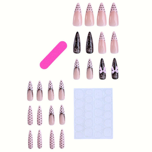 Elegant Stiletto Press-On Nail Set with Lace and Bow Design Bowlift