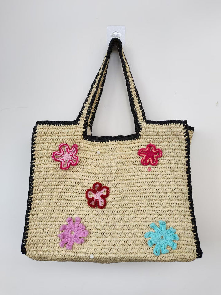 Handmade straw bag with flower appliqués Bowlift