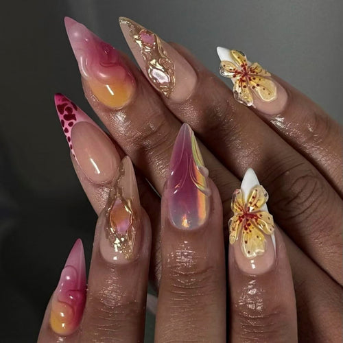 Artistic Nail Extensions with Flower and Ombre Design Bowlift