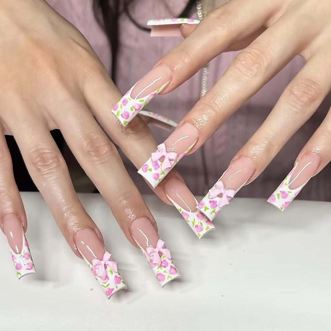 Floral Bow-Design Long Press-On Nails Bowlift