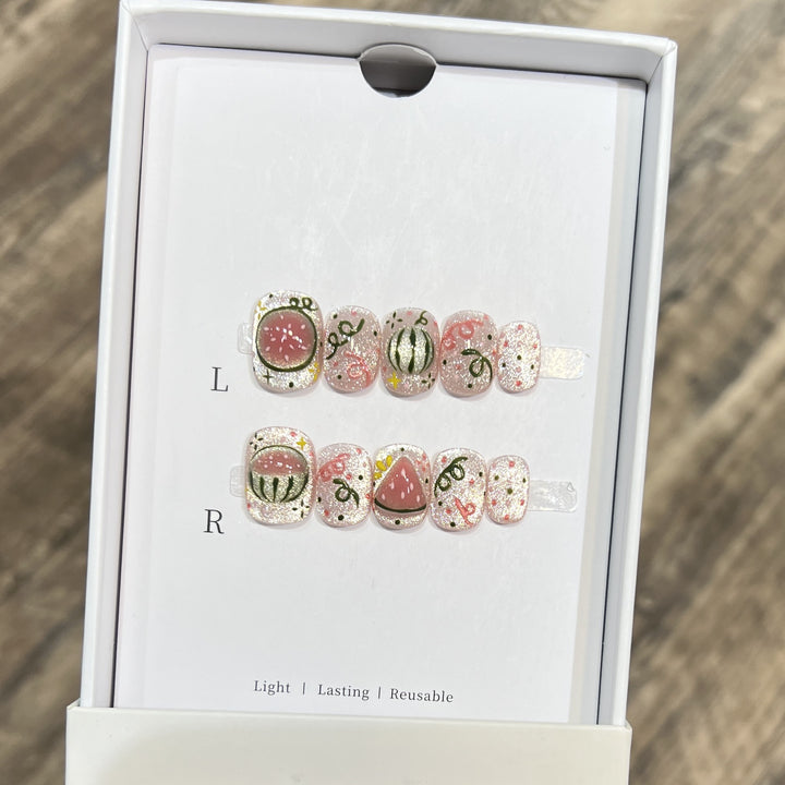 Artistic Press-On Nail Art Set with Watermelon Theme Bowlift