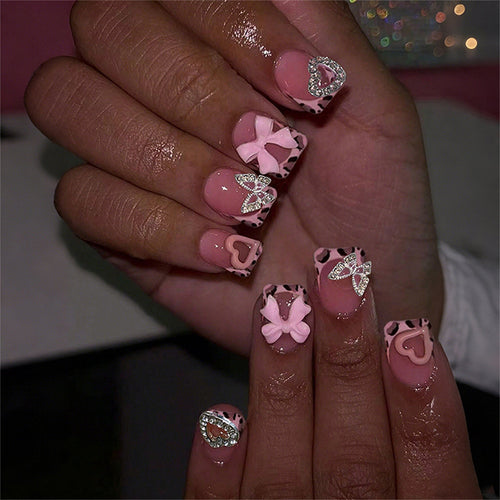 Decorative Press-On Nail Set with Artistic Bow and Heart Accents Bowlift
