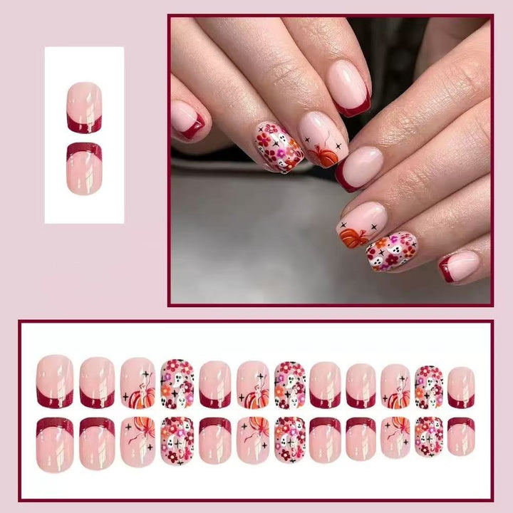 Artificial nail set with cheerful flower designs and elegant French tips Bowlift
