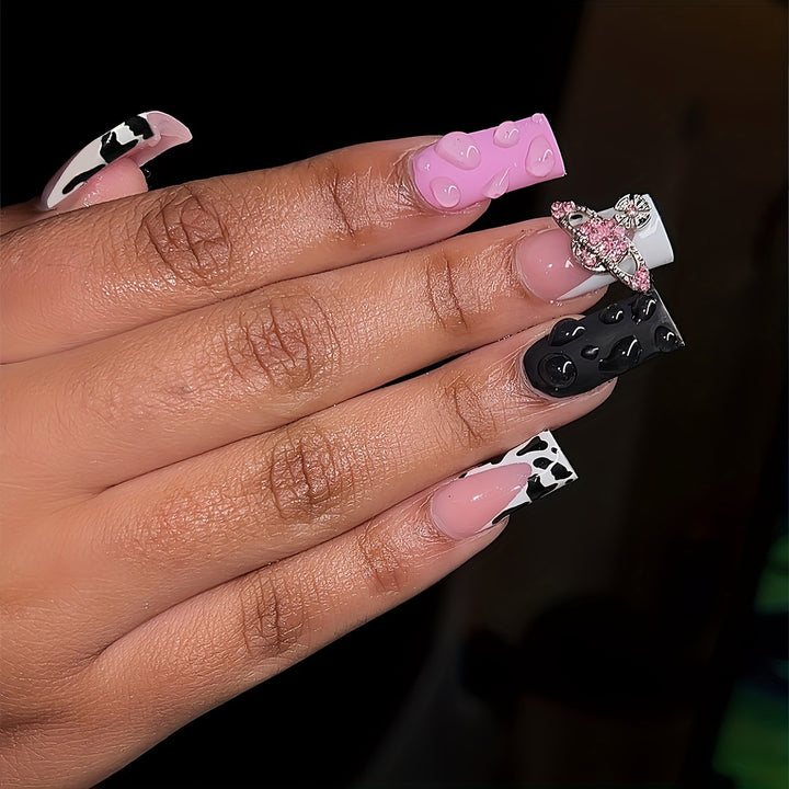 Decorative 3D Press-On Nail Art with Gemstone Accents Bowlift