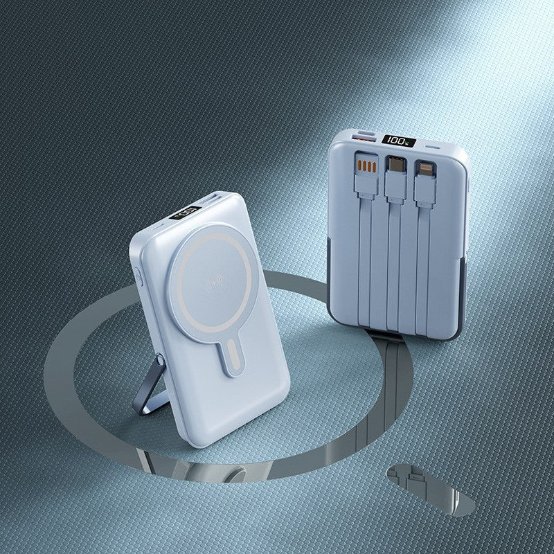 Portable power bank with integrated charging cable and wireless charging function Bowlift