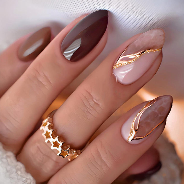 Press-On Nail Art Set with Elegant Marble and Glitter Accents Bowlift