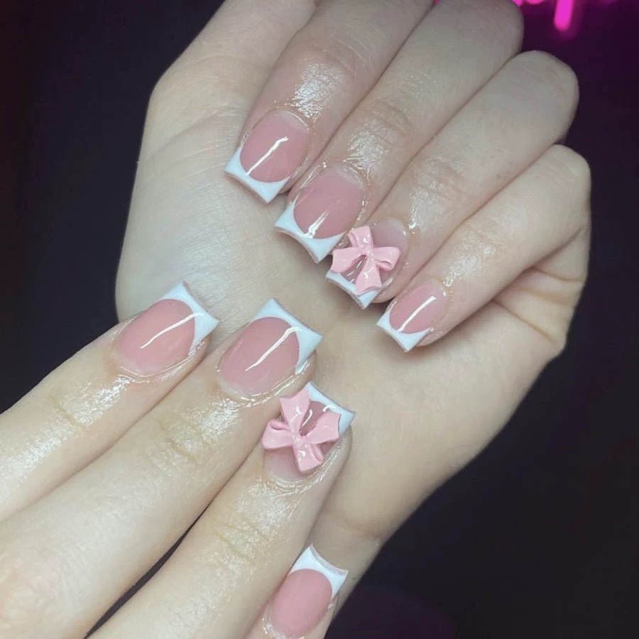 Acrylic Nail Set with Elegant Tips and 3D Bow Decorations Bowlift