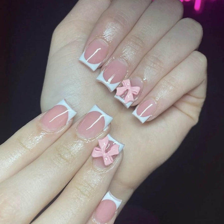 Acrylic Nail Set with Elegant Tips and 3D Bow Decorations Bowlift