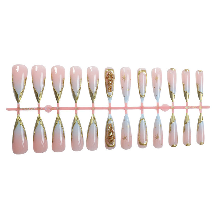 Elegant Press-On Nail Art Set with Gold Accents Bowlift