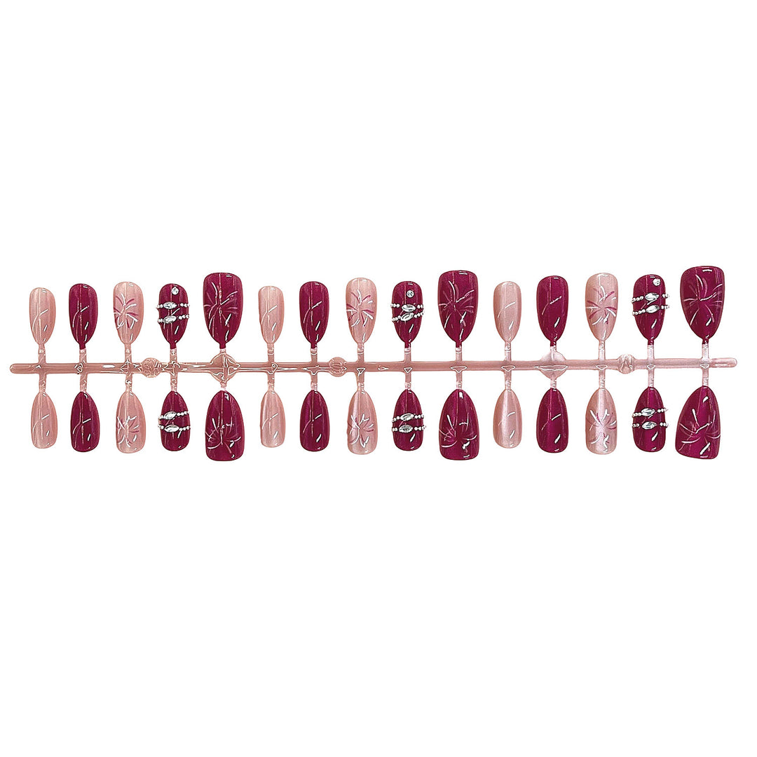 Artistic Press-On Nail Set with Floral Patterns and Gem Accents Bowlift