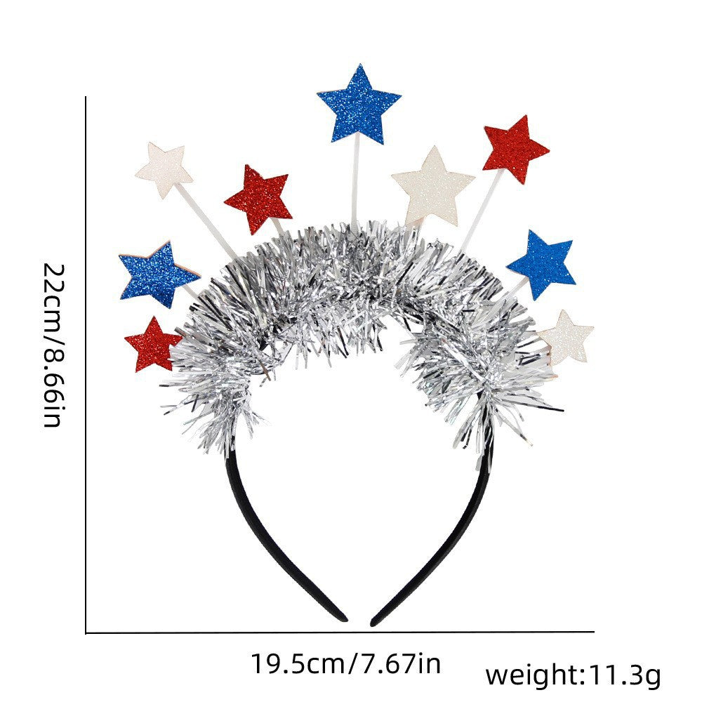 Unisex nan eye-catching party headband with attached pom poms, star tinsel, and small flag pendants Bowlift