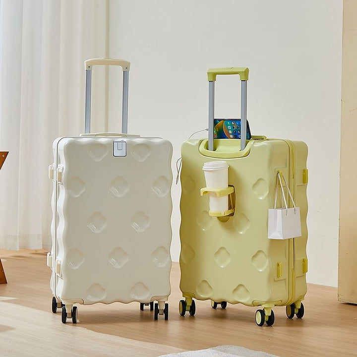 hard-shell carry-on suitcase with integrated foldable cup holder phone cradle USB charging port and external bag hooks Bowlift
