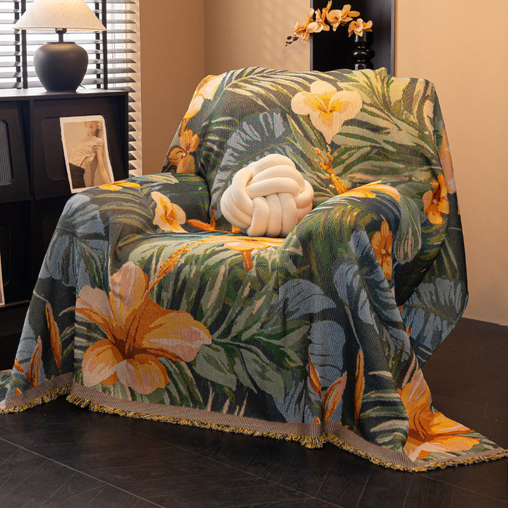 Oversized Cotton-Blend Jacquard Floral Throw Blanket with Fringed Edges Bowlift