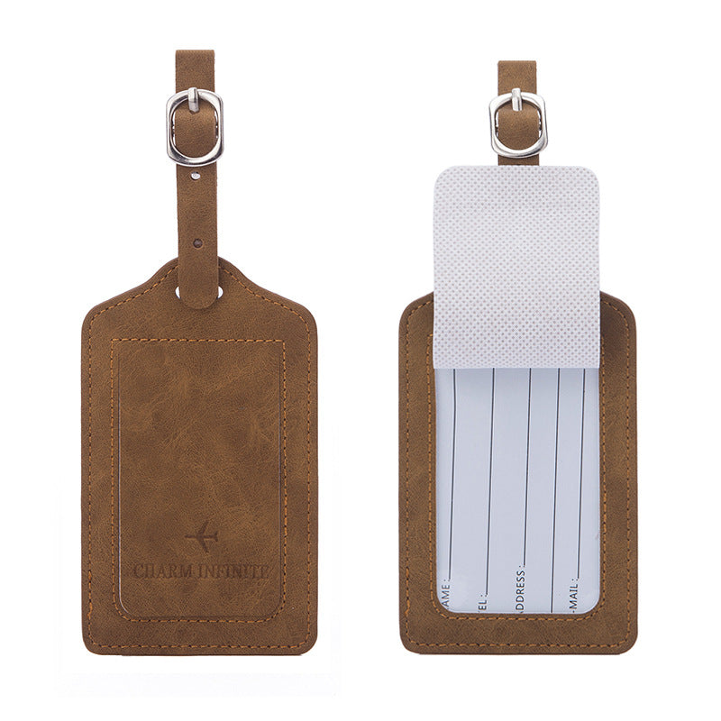 vintage leather luggage tag with transparent ID window and adjustable buckle strap Bowlift