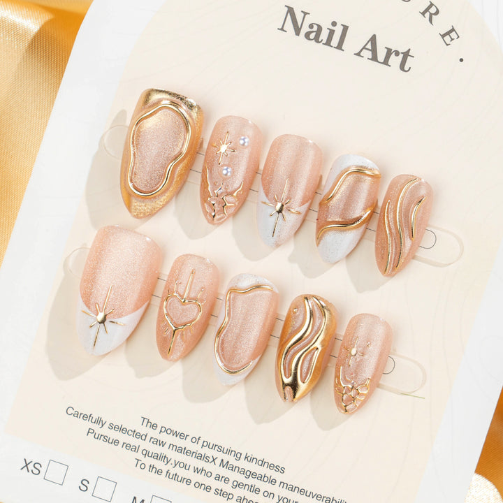 Artistic Press-On Nail Set with Elegant Gold Accents Bowlift