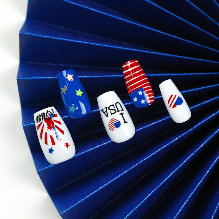 Women's nan long glossy patriotic press-on acrylic nails set with star and flag decals Bowlift