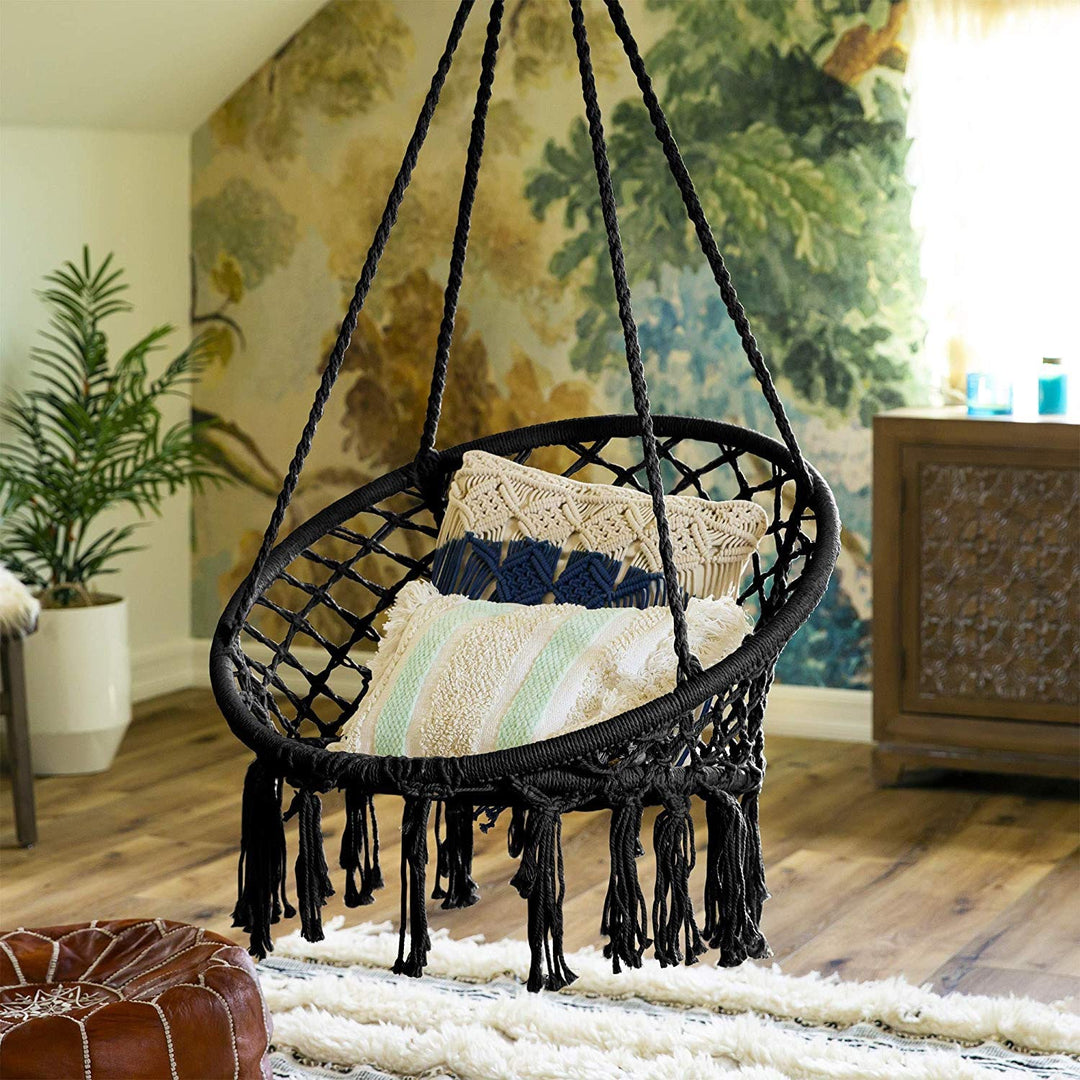 Macrame hanging swing chair boho woven fringe indoor outdoor hammock seat Bowlift