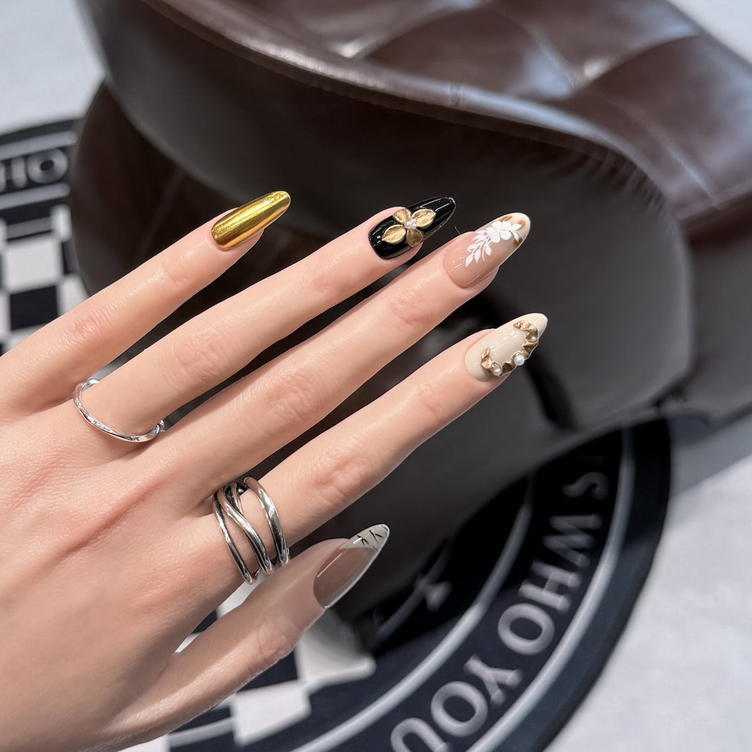 Artistic Press-On Nail Set with Decorative Floral Elements Bowlift