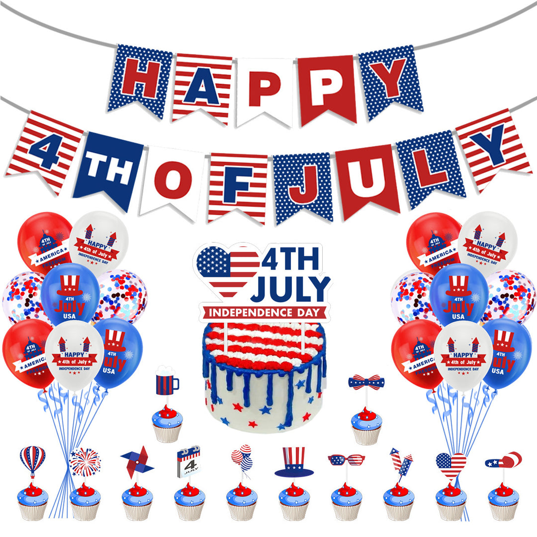 Unisex nan festive party decoration set for Independence celebration with garlands balloons cake and cupcake toppers Bowlift