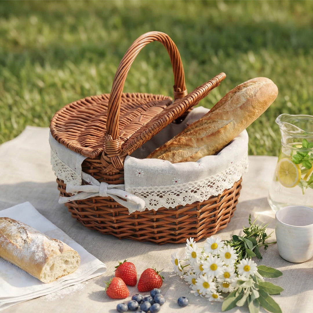 Women braided picnic basket with romantic gingham lining Bowlift