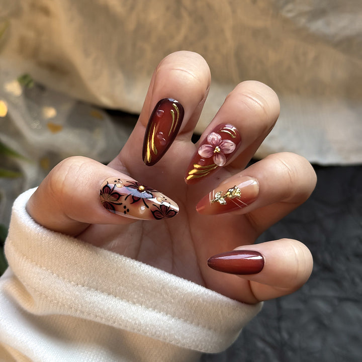 Artistic Floral and Gold Accent Press-On Nails Bowlift