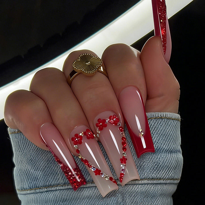 Elegant Press-On Nail Art Set with Floral and Glitter Accents Bowlift