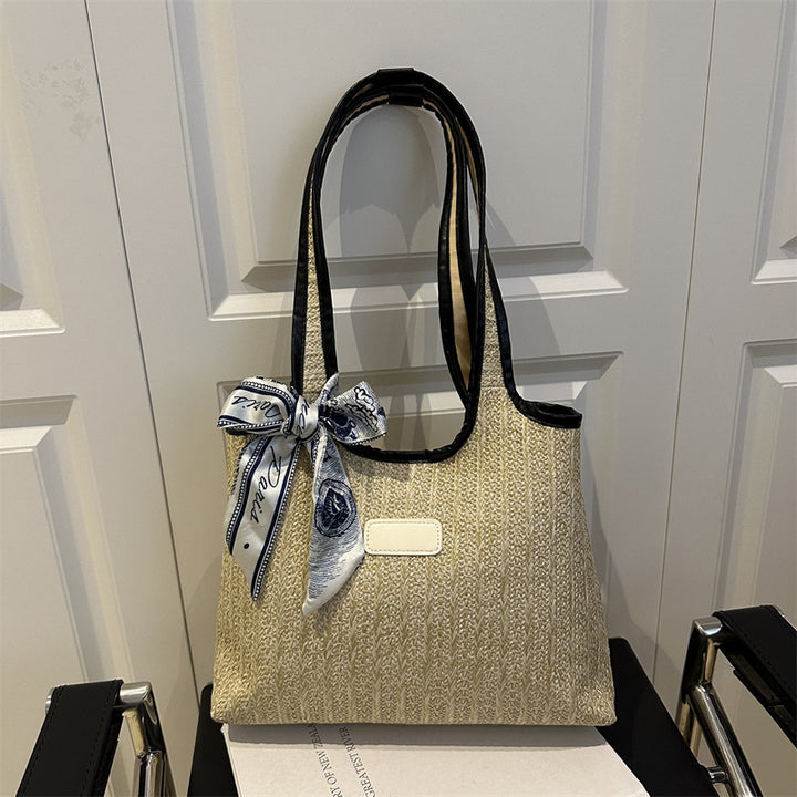 Textured Weave Tote Bag with Elegant Bow Bowlift