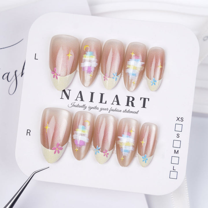 Artistic Press-On Nail Set with Whimsical Floral Patterns Bowlift