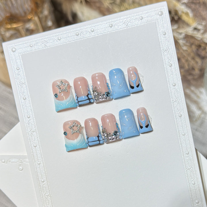 Decorative Press-On Nail Art Set with Ocean-Inspired Design Bowlift