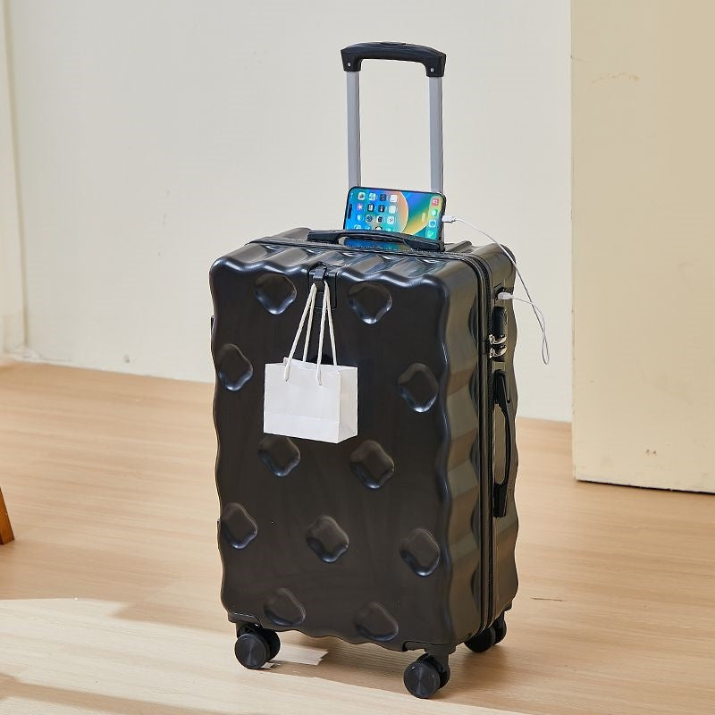 hard-shell carry-on suitcase with integrated foldable cup holder phone cradle USB charging port and external bag hooks Bowlift