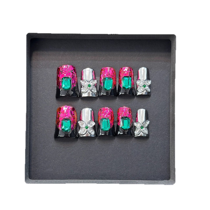 Glamorous Press-On Nail Design with Jewel Accents Bowlift