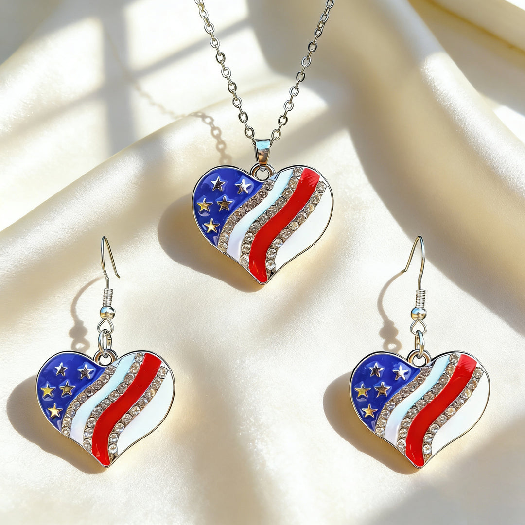 Women's patriotic jewelry set flip-flop pendant necklace and earrings with enamel and crystal embellishment Bowlift