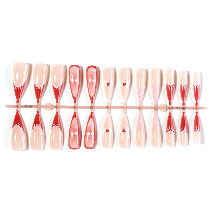 Decorative Press-On Nail Set with Heart and Ribbon Designs Bowlift