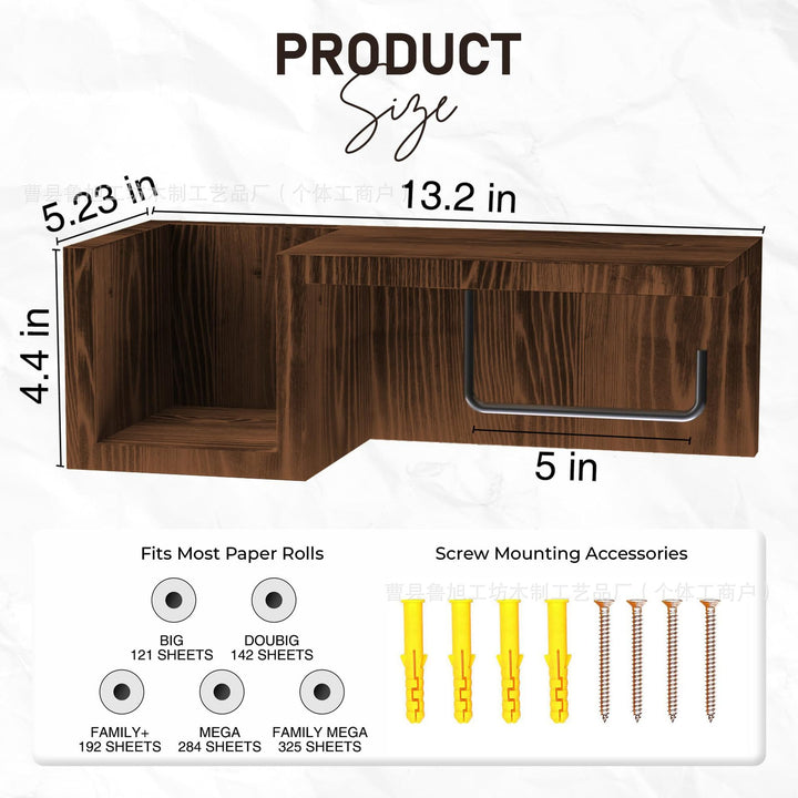 Wall-Mounted Wooden Toilet Paper Shelf Organizer with Metal Roll Holder and Storage Cubby Bowlift