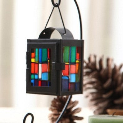 Stained Glass Mosaic Hanging Tealight Lantern with Metal Frame Bowlift