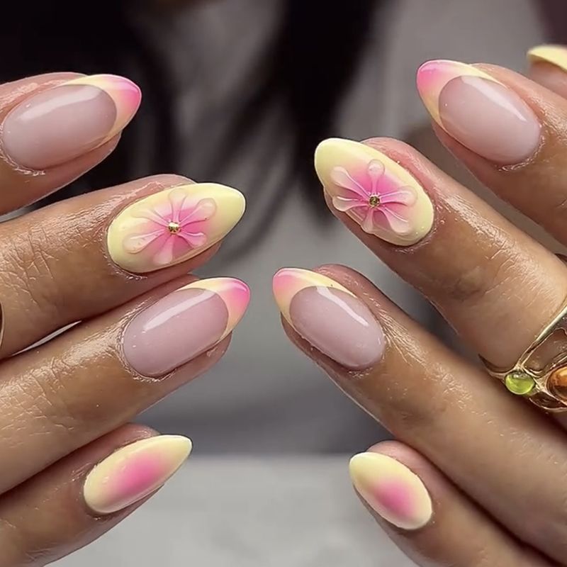 Artistic Almond-Shaped Press-On Nails with Floral Accents Bowlift