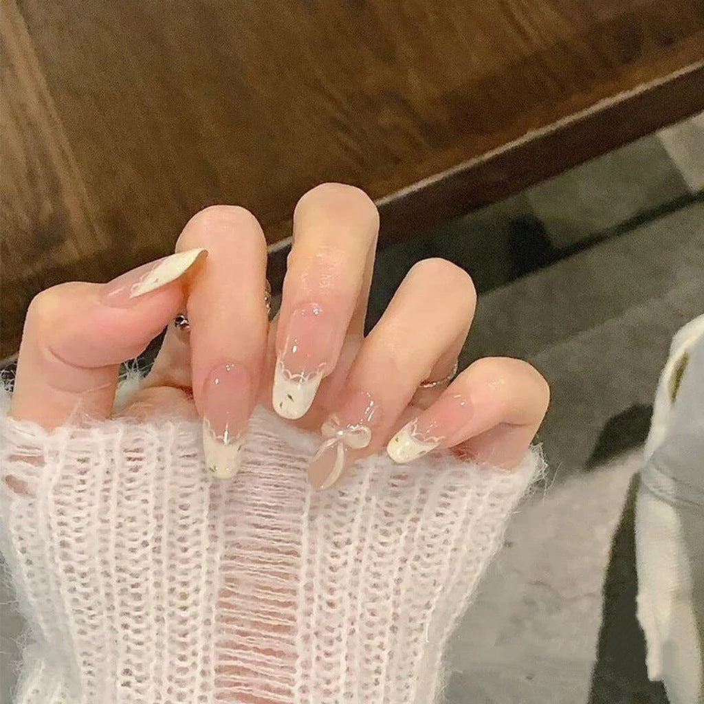 Elegant Stiletto Press-On Nail Set with Floral and Gemstone Accents Bowlift