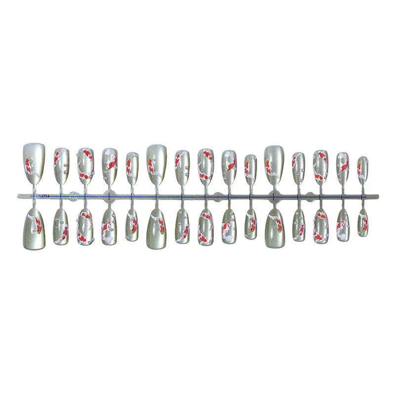 Decorative Press-On Nail Art Set with Koi Fish and Gem Accents Bowlift